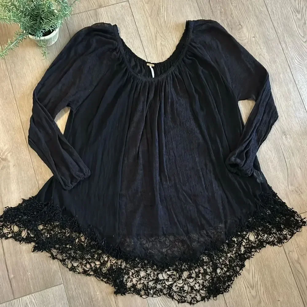 FREE PEOPLE SHEER LONG SLEEVE BLACK TUNIC DRESS COVERUP SIZE SMALL WITH LACE